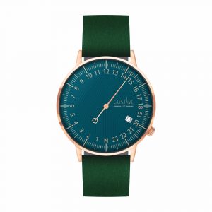 Montre André cadran bleu et or rose; bracelet en cuir vert- Gustave & Cie