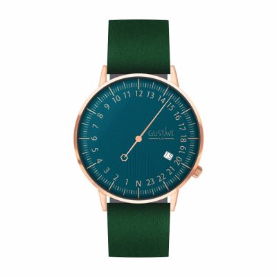 Montre André cadran bleu et or rose; bracelet en cuir vert- Gustave & Cie