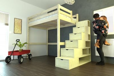 Lit Mezzanine 120x200 avec escalier cube -  - Lit gain de place – Image 2